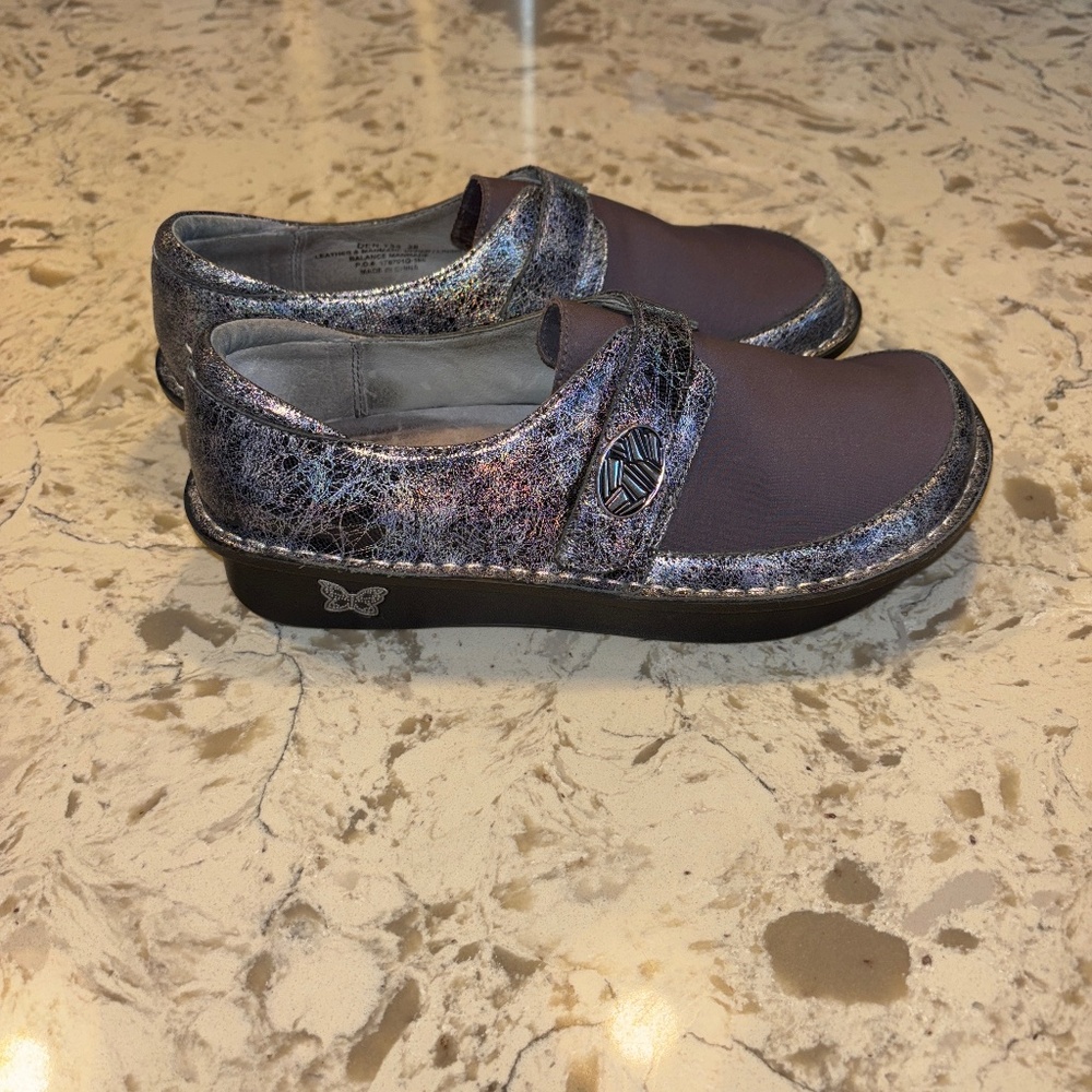 Women’s Alegria Dena Gray Metallic Ice Neoprene Slip On Clog 38